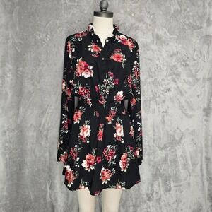 Justify Black Floral Long Sleeve Ruffle Neck Mini Dress XL Romantic Stretch Boho